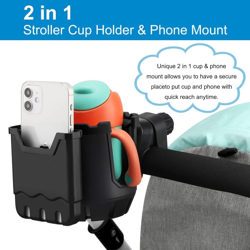 Accmor Stroller Cup Holder with Phone Holder, Bike Cup Holder, Universal Cup Holder for Uppababy Nuna Doona Strollers, 2-in-1 Cup Phone Holder for Stroller, Bike, Wheelchair, Walker, Scooter