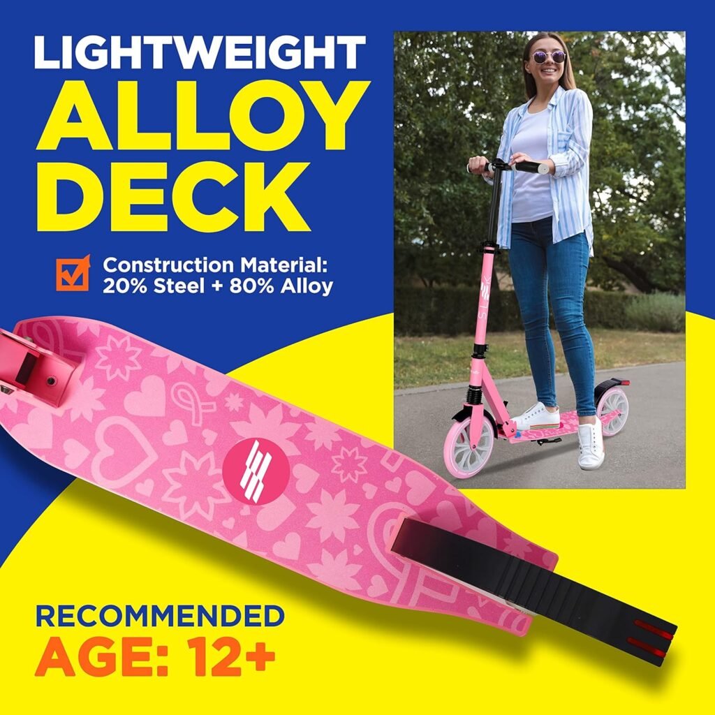 SereneLife Foldable Kick Scooter - Stand Kick Scooter for Teens and Adults with Rubber Grip at Tip, Alloy Deck, Adjustable T-Bar Handlebar Height, Smooth Gliding Wheels, Easy Maneuvering