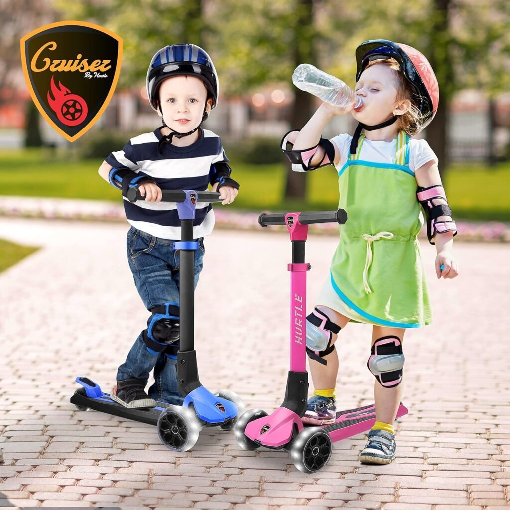 3 Wheeled Scooter for Kids - Foldable Stand Child Toddlers Toy Kick Scooters w/ Built-in LED Wheel Lights, Anti-Slip Wide Deck, Adjustable Height, Great for Outdoor Fun - Hurtle HURXLPK