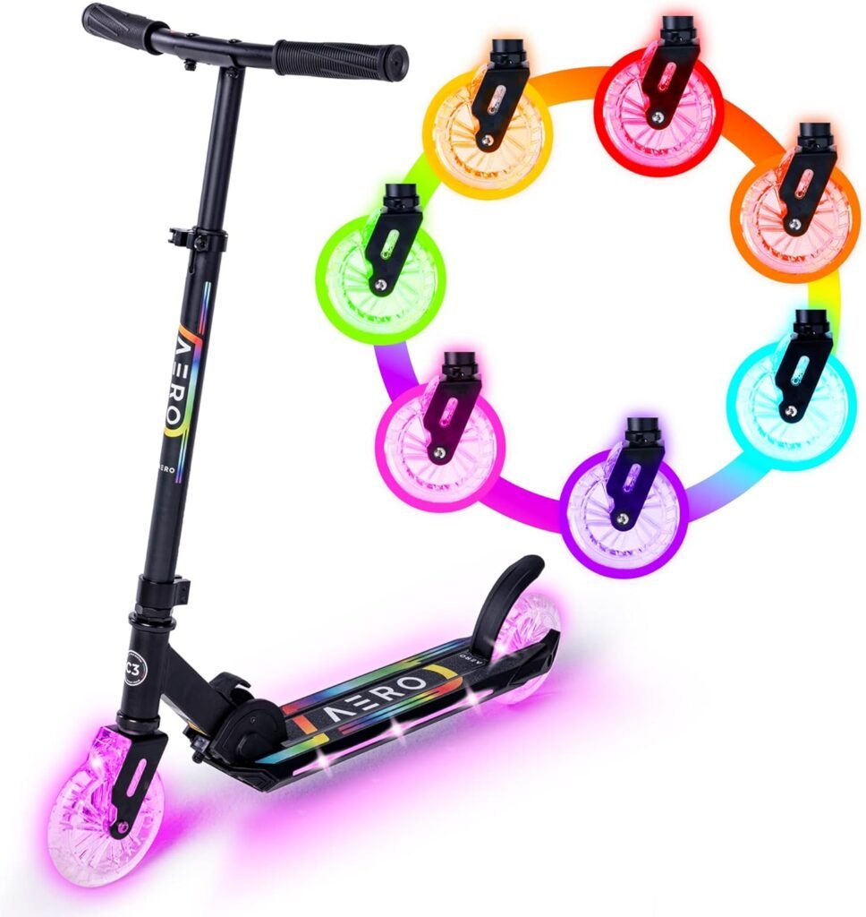 Aero Kick Scooter for Kids Ages 5-8 or 5-7 or 6-12 with Dynamic Lights, Foldable and Height Adjustable, Scooters for Boys and Girls 6 Years and up with Light up Clear Wheels and Deck