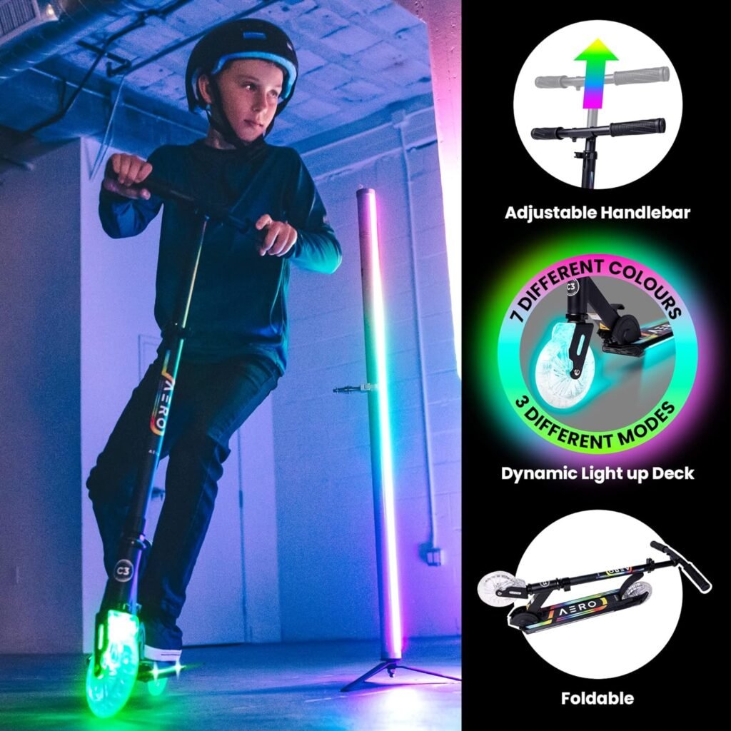 Aero Kick Scooter for Kids Ages 5-8 or 5-7 or 6-12 with Dynamic Lights, Foldable and Height Adjustable, Scooters for Boys and Girls 6 Years and up with Light up Clear Wheels and Deck