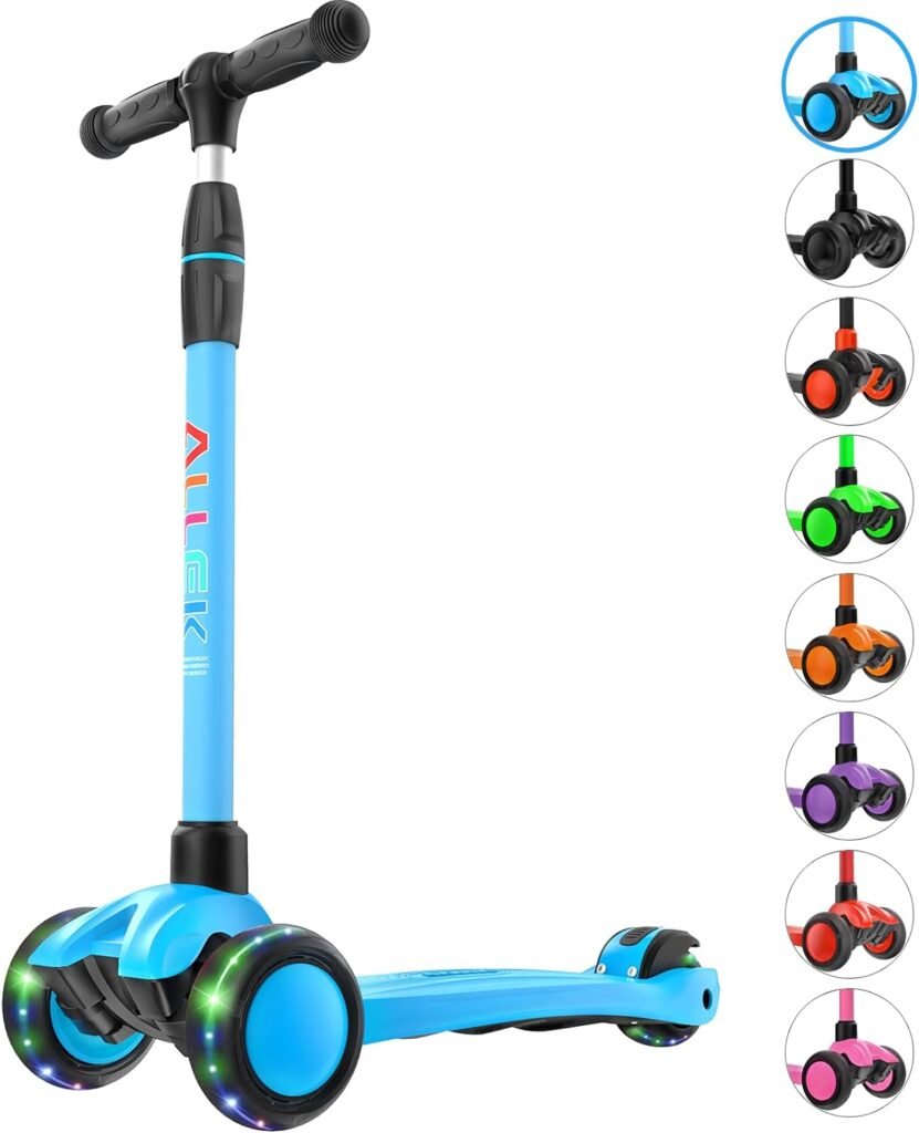 Allek Kick Scooter B03, Lean N Glide 3-Wheeled Push Scooter with Extra Wide PU Light-Up Wheels, Any Height Adjustable Handlebar and Strong Thick Deck for Children from 3-12yrs (Aqua Blue)