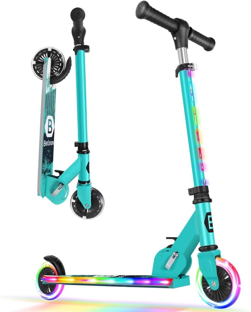 BELEEV V2 Scooters for Kids with Light-Up Wheels  Stem  Deck, 2 Wheel Folding Scooter for Girls Boys, 3 Adjustable Height, Non-Slip Pattern Deck, Lightweight Kick Scooter for Children Ages 3-12