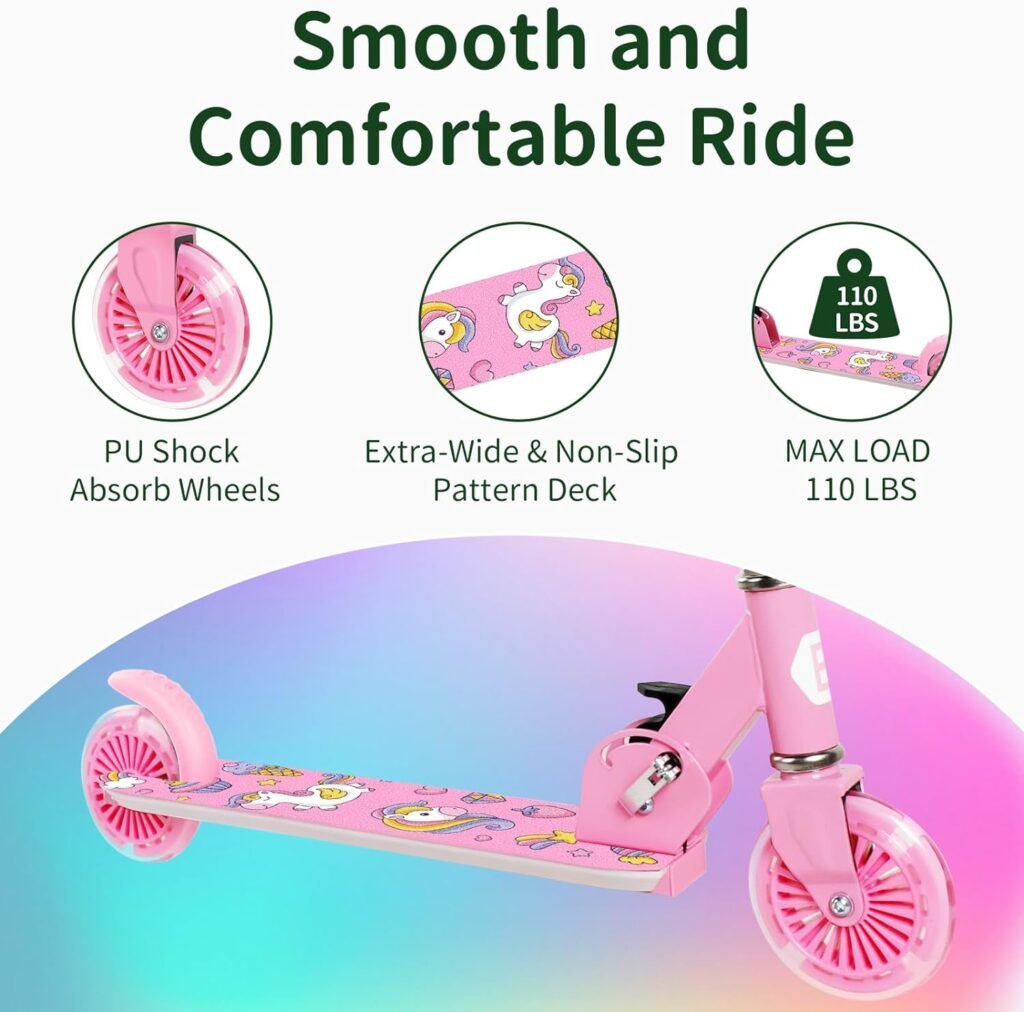 BELEEV V2 Scooters for Kids with Light-Up Wheels  Stem  Deck, 2 Wheel Folding Scooter for Girls Boys, 3 Adjustable Height, Non-Slip Pattern Deck, Lightweight Kick Scooter for Children Ages 3-12