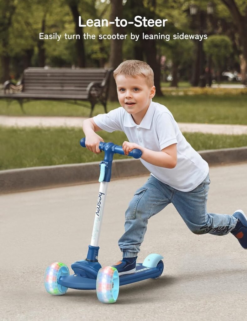 besrey Kick Scooter for Kids Ages 3-8, 3 Wheel Scooter for Kids with Adjustable Height, Folding Kids Scooter with LED Light Wheels Rear Brak Extra Wide Deck Outdoor Activities for Boys/Girls