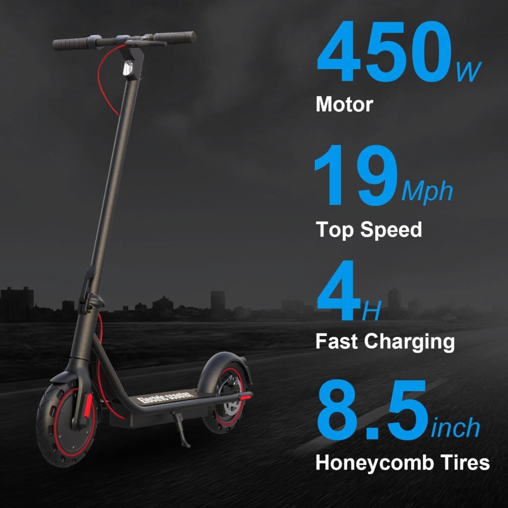 Electric Scooter 450W Powerful Motor,19mph Speed and 8.5” Honeycomb Solid Tires,Anti-Theft Lock,Wide Deck Portable  Folding e Scooter for Adults