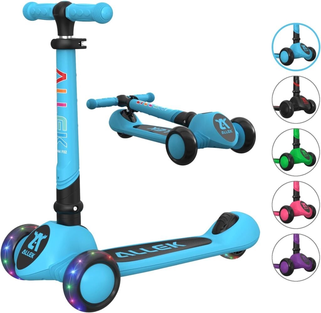Allek Kick Scooter Foldable F02, 3-Wheel LED Flashing Glider and 4 Adjustable Height with Anti-Slip Thick Deck Push Scooter for Children 3-12yrs