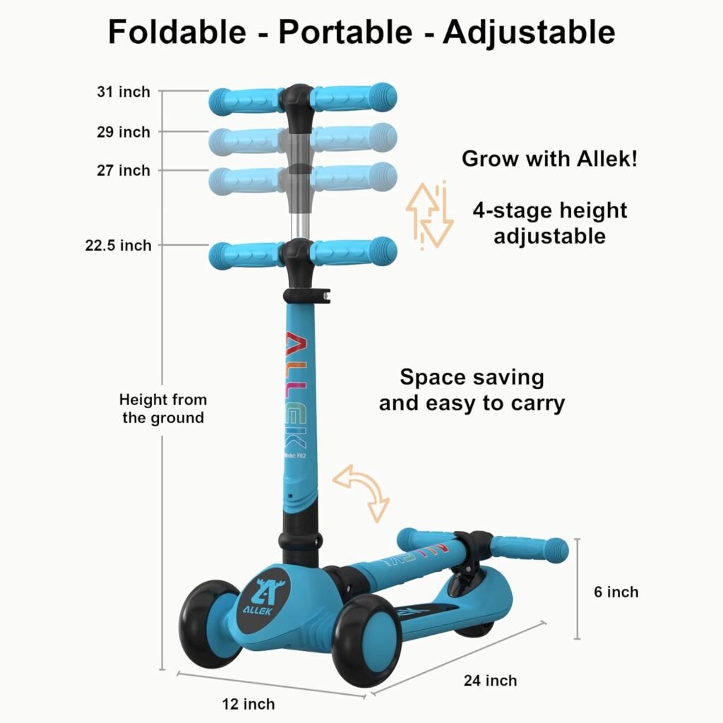 Allek Kick Scooter Foldable F02, 3-Wheel LED Flashing Glider and 4 Adjustable Height with Anti-Slip Thick Deck Push Scooter for Children 3-12yrs