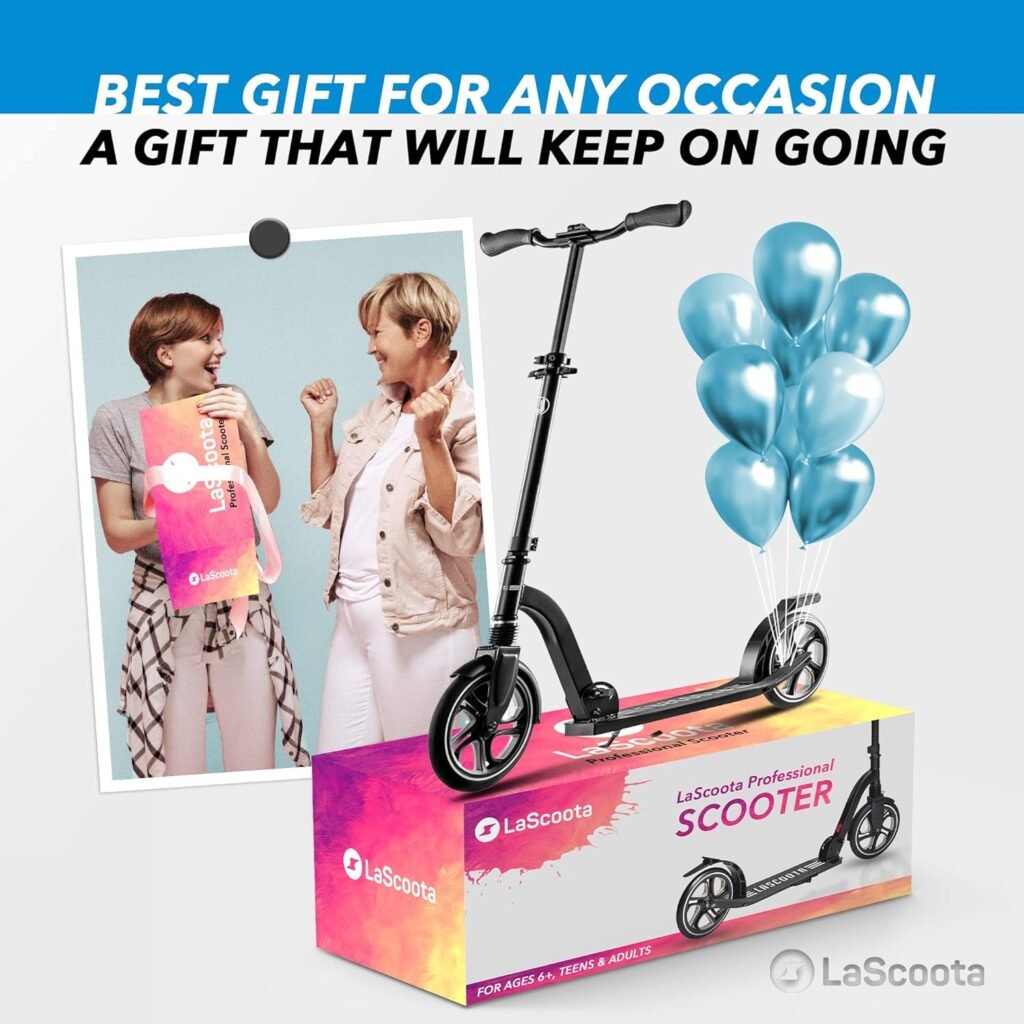 LaScoota Kick Scooter for Kids Ages 6+, Teens  Adults, Large 8 Sturdy Urethane Wheels. Adjustable Handlebar, Lightweight, Foldable, 220lbs Max Load