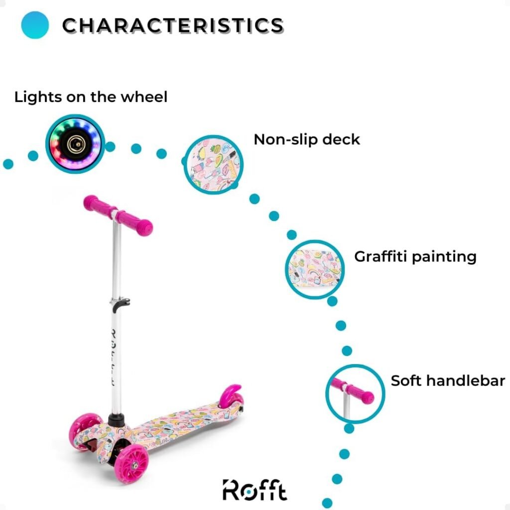 ROFFT Scooter for Kids Ages 3-5, Lean-to-Steer Kids Scooter, Toddler Scooter 2 Year Old and up LED 3 Wheel Scooter - Adjustable Height, Light Weight Aluminum T-Bar Kids Scooters for Girls and Boys