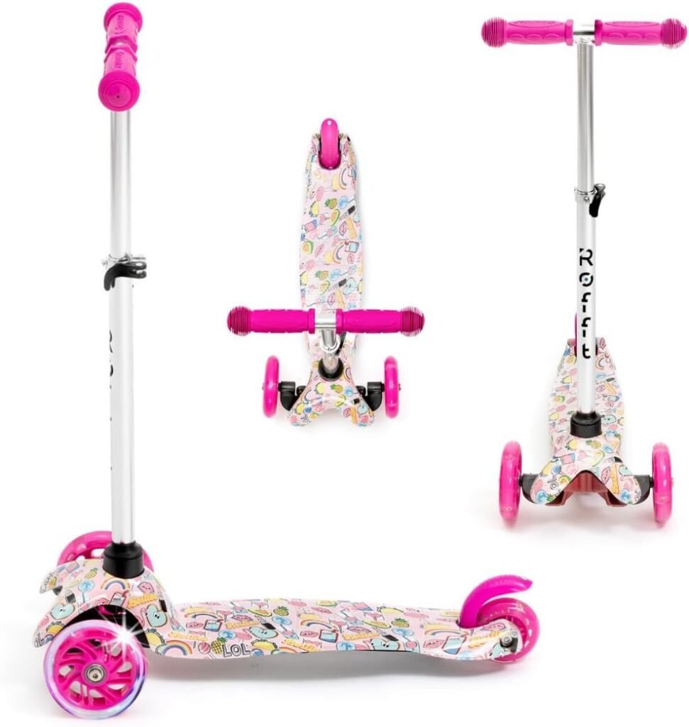 ROFFT Scooter for Kids Ages 3-5, Lean-to-Steer Kids Scooter, Toddler Scooter 2 Year Old and up LED 3 Wheel Scooter - Adjustable Height, Light Weight Aluminum T-Bar Kids Scooters for Girls and Boys