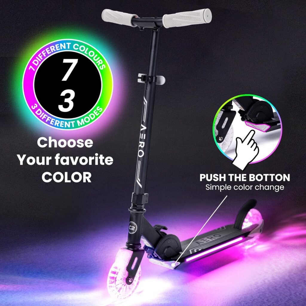 Aero Kick Scooter for Kids Ages 5-7 or 5-8 or 6-12 with Dynamic Lights, Foldable and Height Adjustable, Scooters for Boys and Girls 6 Years and up with Light up Clear Wheels and Deck