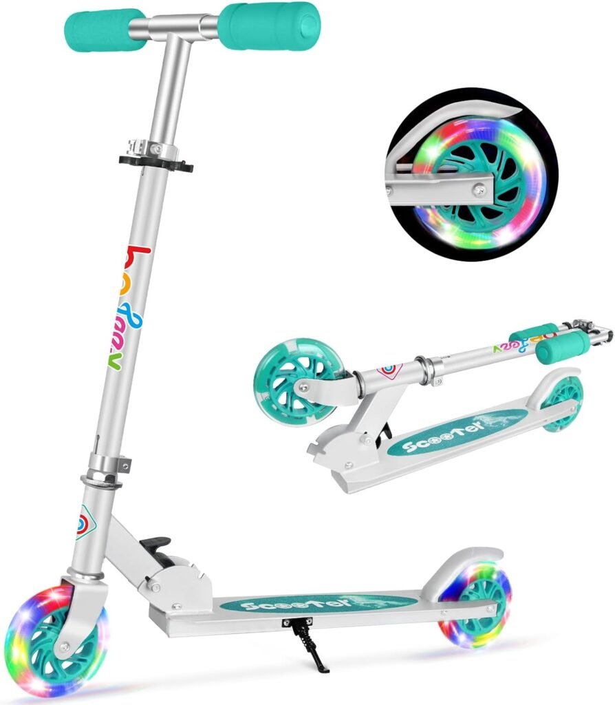 BELEEV V1 Scooters for Kids, 2 Wheel Folding Kick Scooter for Girls Boys, 3 Adjustable Height, Light Up Wheels, Lightweight Scooter with Sturdy Frame, Kickstand for Children 3 to 12 Years Old