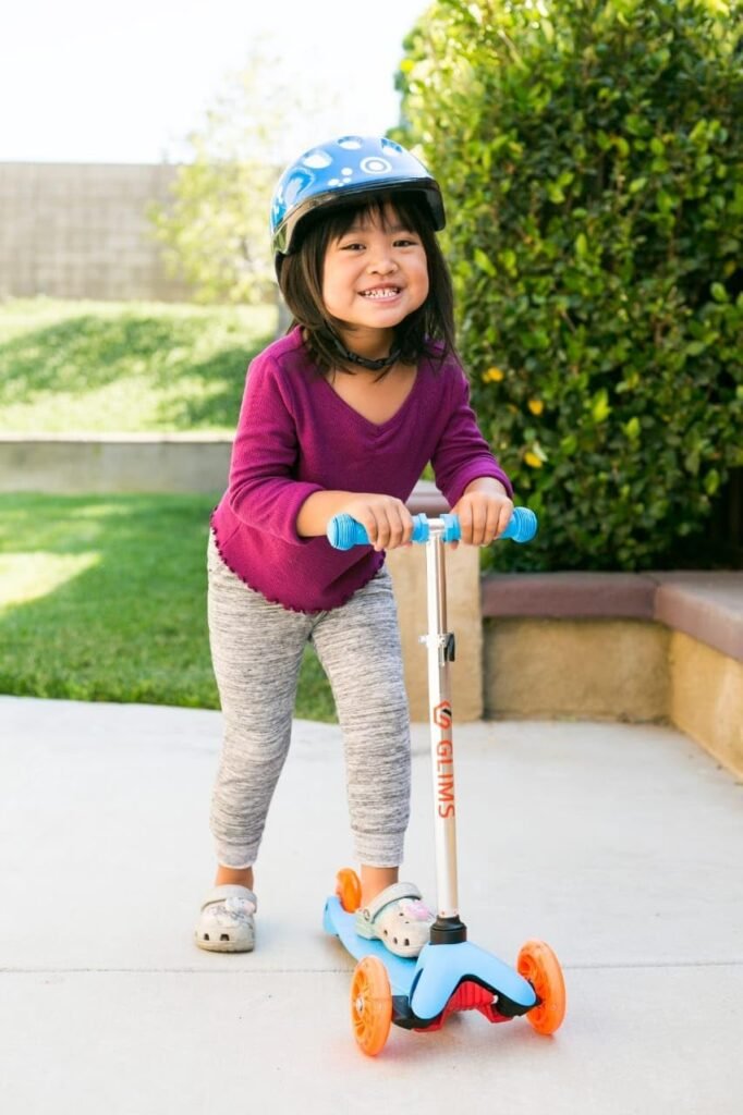 Glims 3 Wheel Scooter for Kids Ages 3-8 with Helmet  Seat (Blue)| Kids Scooter Helmet Toddler with 4 Adjustable Height| Toddler Scooter LED Light-up Wheels |Swiss-Designed Three Wheeled Scooter Kids