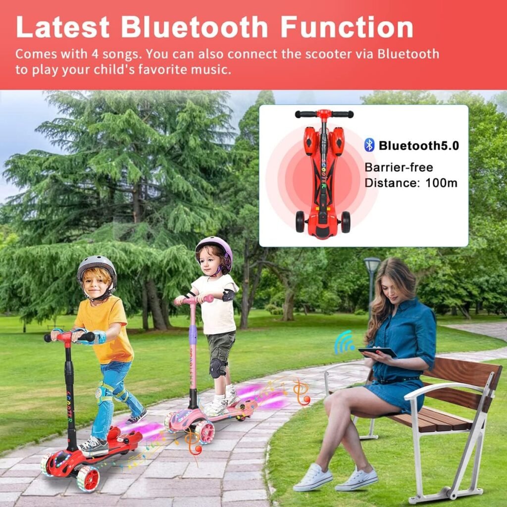 3 Wheel Scooter for Kids, Toddler Scooter with Bluetooth Music Speaker Steam Sprayer LED Lights Aluminum Alloy T-Bar, Folding Kick Scooters for Boys Girls Ages 3-10