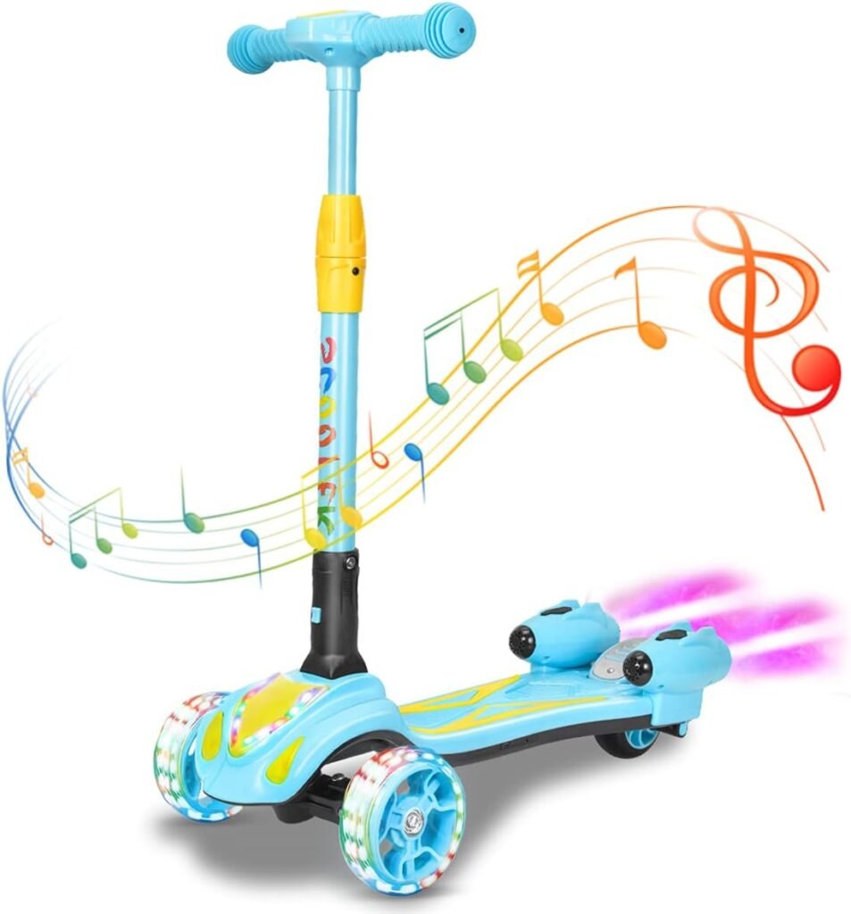 3 Wheel Scooter for Kids, Toddler Scooter with Bluetooth Music Speaker Steam Sprayer LED Lights Aluminum Alloy T-Bar, Folding Kick Scooters for Boys Girls Ages 3-10
