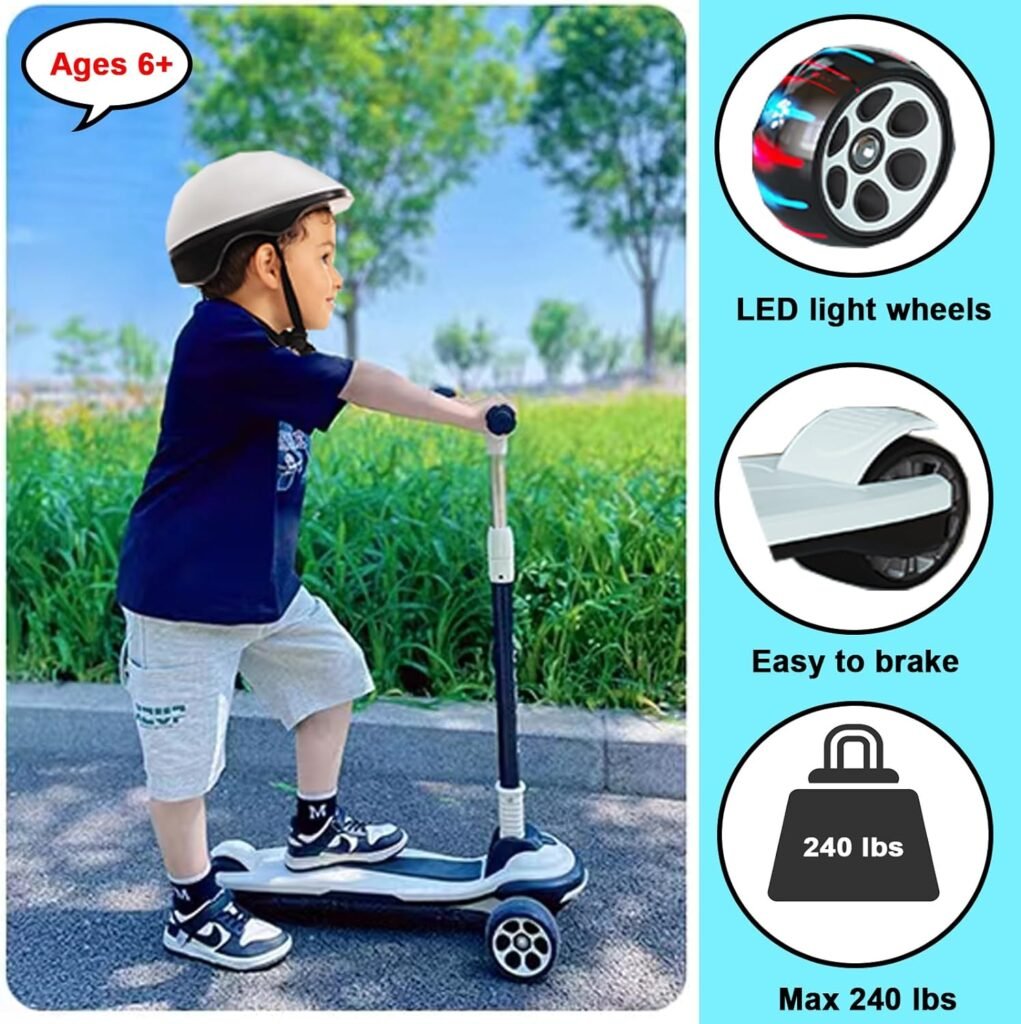 CLrkualn Kick Scooter for Kids Ages 3-12, 5 Adjustable Height Foldable Scooter with 3 LED Light Wheels, Outdoor Activities for Toddlers Boys Girls, Max Load up to 240 lbs