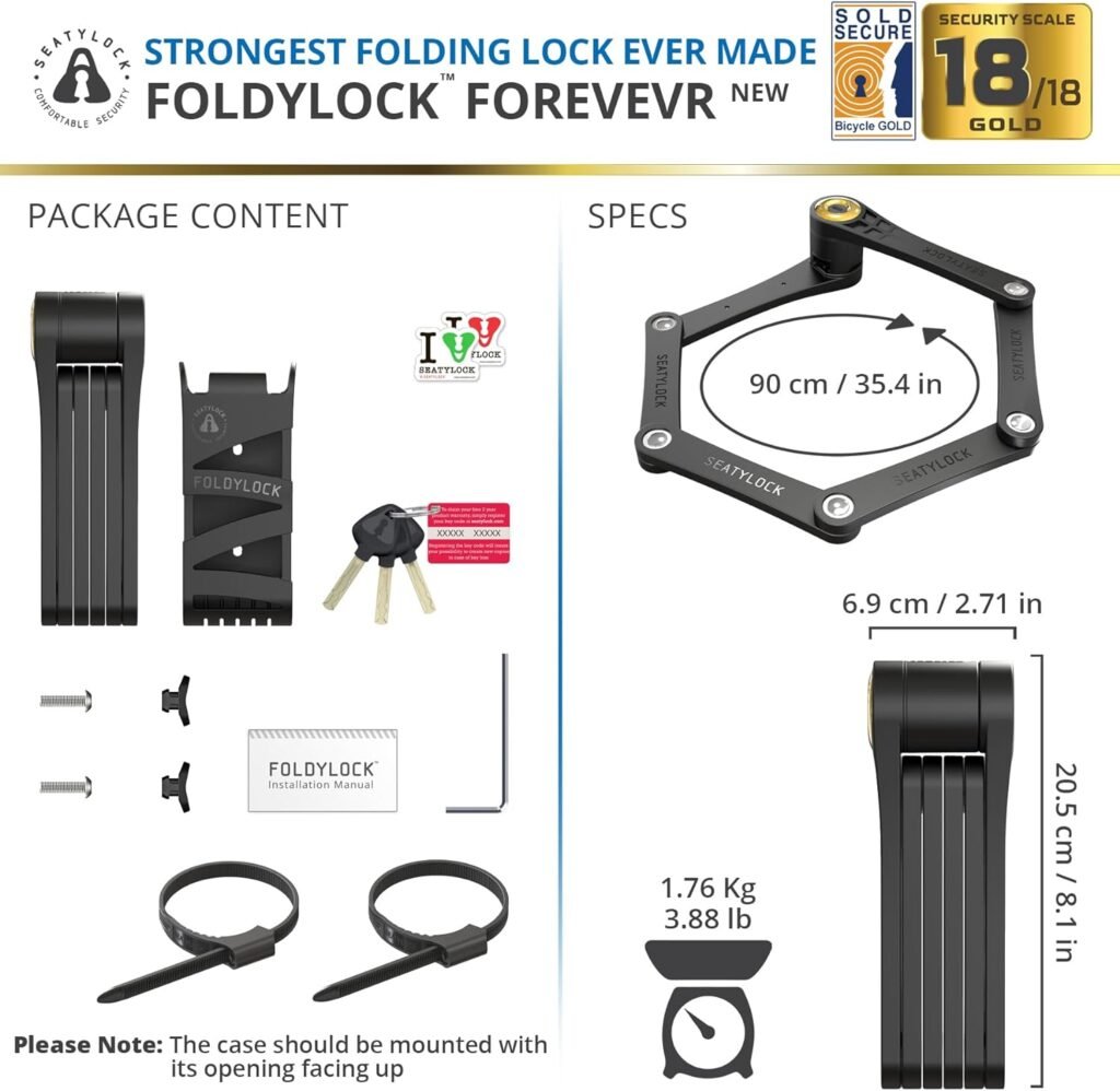FoldyLock Forever Folding Bike Lock - Patented Sleek High Security Sold Secure Gold Bicycle Lock - Heavy Duty Anti Theft Smart Guard with Keys - 90cm