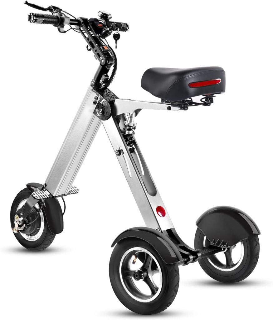 TopMate ES32 Electric Scooter 3 Wheels Foldable Trike with Seat for Adults, Light Weight Mobility with Reverse Function and Key Switch, 10 Inch Pneumatic Tires Tricycle for Commute and Travel