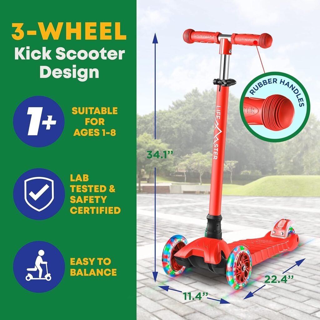 Kids Scooter – Children and Toddler 3 Wheel Kick Scooter – LED Wheel Lights Illuminate When Rolling Lifemaster