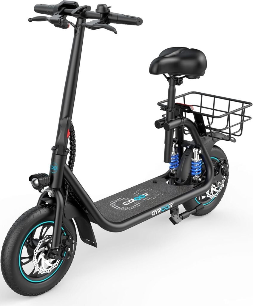 Gyroor Folding Electric Scooter for Adults with Seat, 20/25 Miles Range 450W Motor up to 15.5/18.6 MPH Speed LCD Display, Electric Scooter with Basket