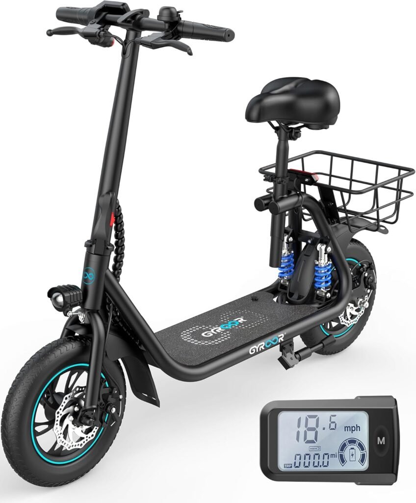 Gyroor Folding Electric Scooter for Adults with Seat, 20/25 Miles Range 450W Motor up to 15.5/18.6 MPH Speed LCD Display, Electric Scooter with Basket