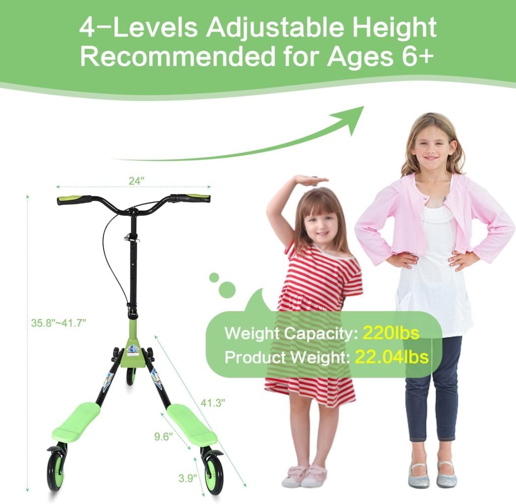 Swing Wiggle Scooter, 3 Wheels Drifting Scooter with Adjustable Height/Folding Kick Scooter for Kids/Woman/Men Age 6+ Years Old