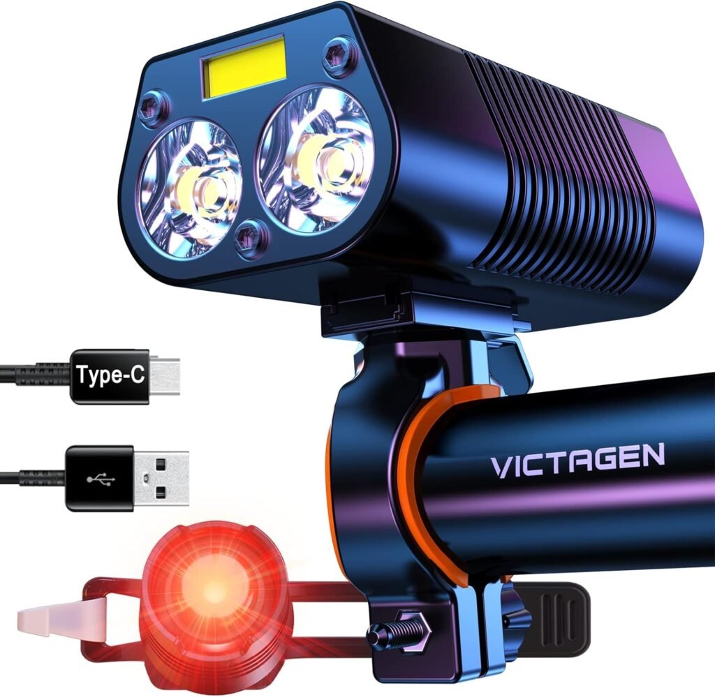 Victagen Bike Lights 5000 Lumens 3LED Bike Lights for Night Riding, Super Bright Bike Light Front and Back, USB Rechargeable Bike Headlight, 6 Modes Bike Headlight, for Adult Bike MTB ebike Lights