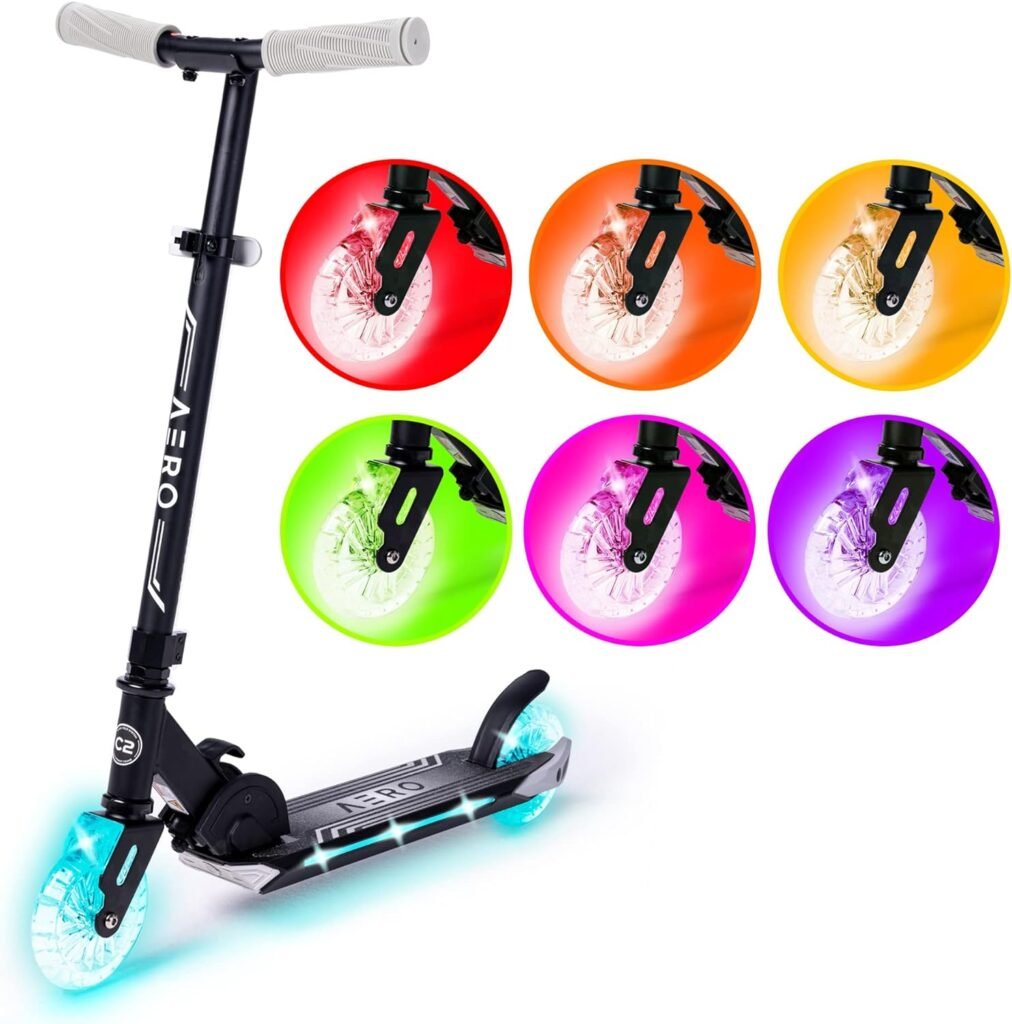 Aero Kick Scooter for Kids Ages 5-7 or 5-8 or 6-12 with Dynamic Lights, Foldable and Height Adjustable, Scooters for Boys and Girls 6 Years and up with Light up Clear Wheels and Deck