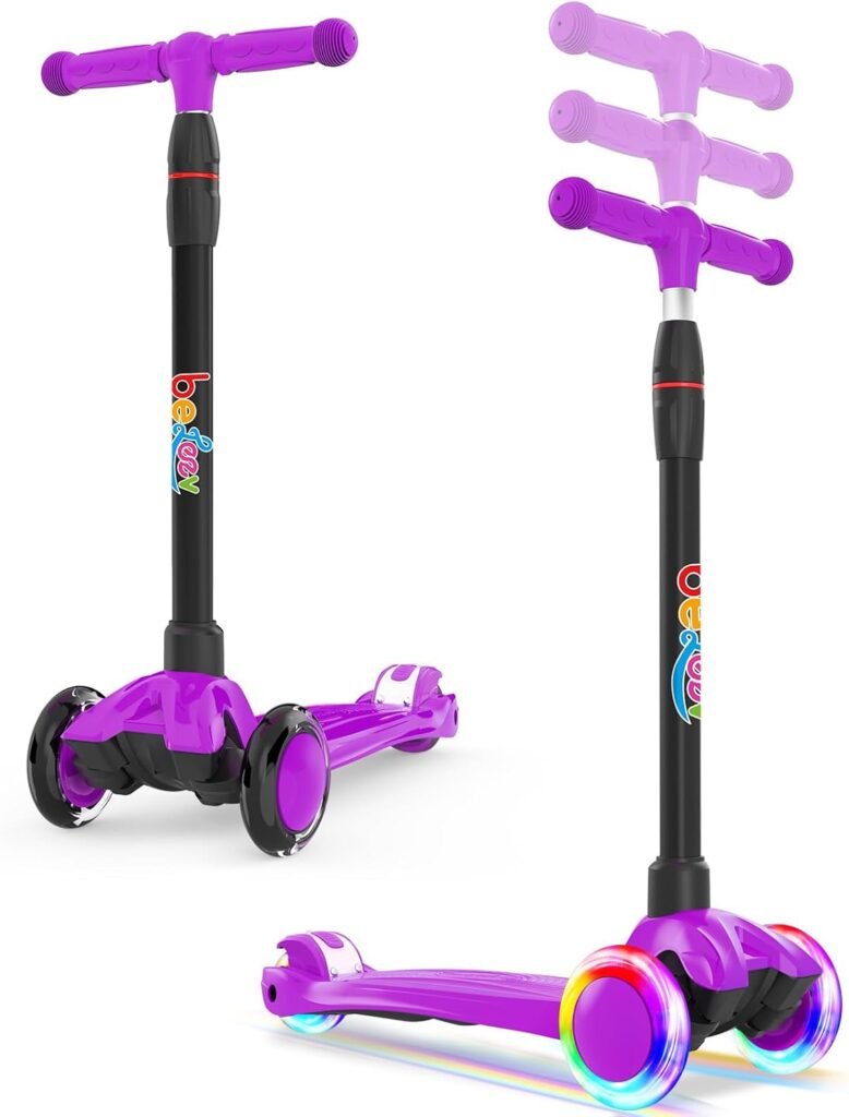 BELEEV Scooters for Kids Ages 3-12, 3 Wheel Kick Scooter for Toddlers Girls Boys, Adjustable Height, Lean to Steer, Extra-Wide Deck, Light Up Wheels, Lightweight Push Scooter for Children (Purple)