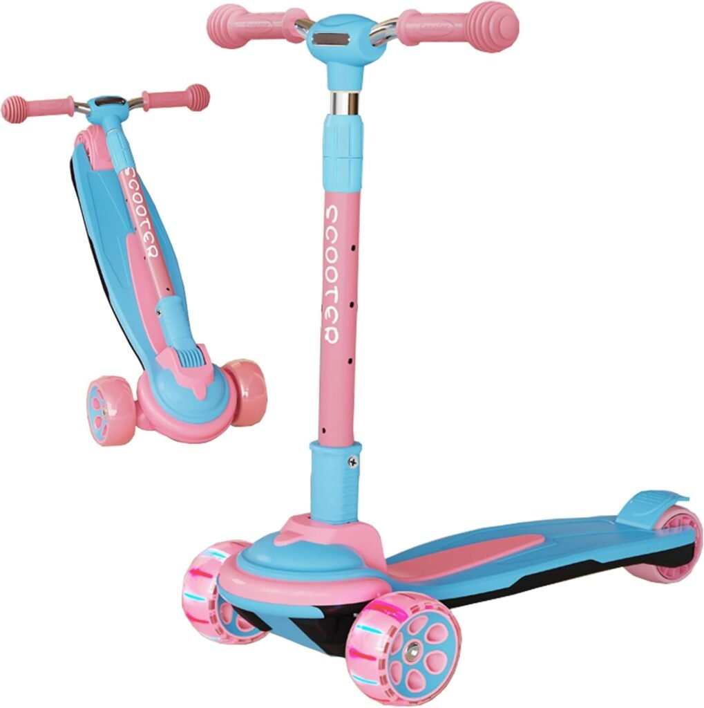 Kick Scooter for Kids Ages 3-12, 5 Adjustable Height Foldable Scooter with 3 LED Light Wheels, Outdoor Activities for Toddlers Boys Girls, Max Load up to 240 lbs