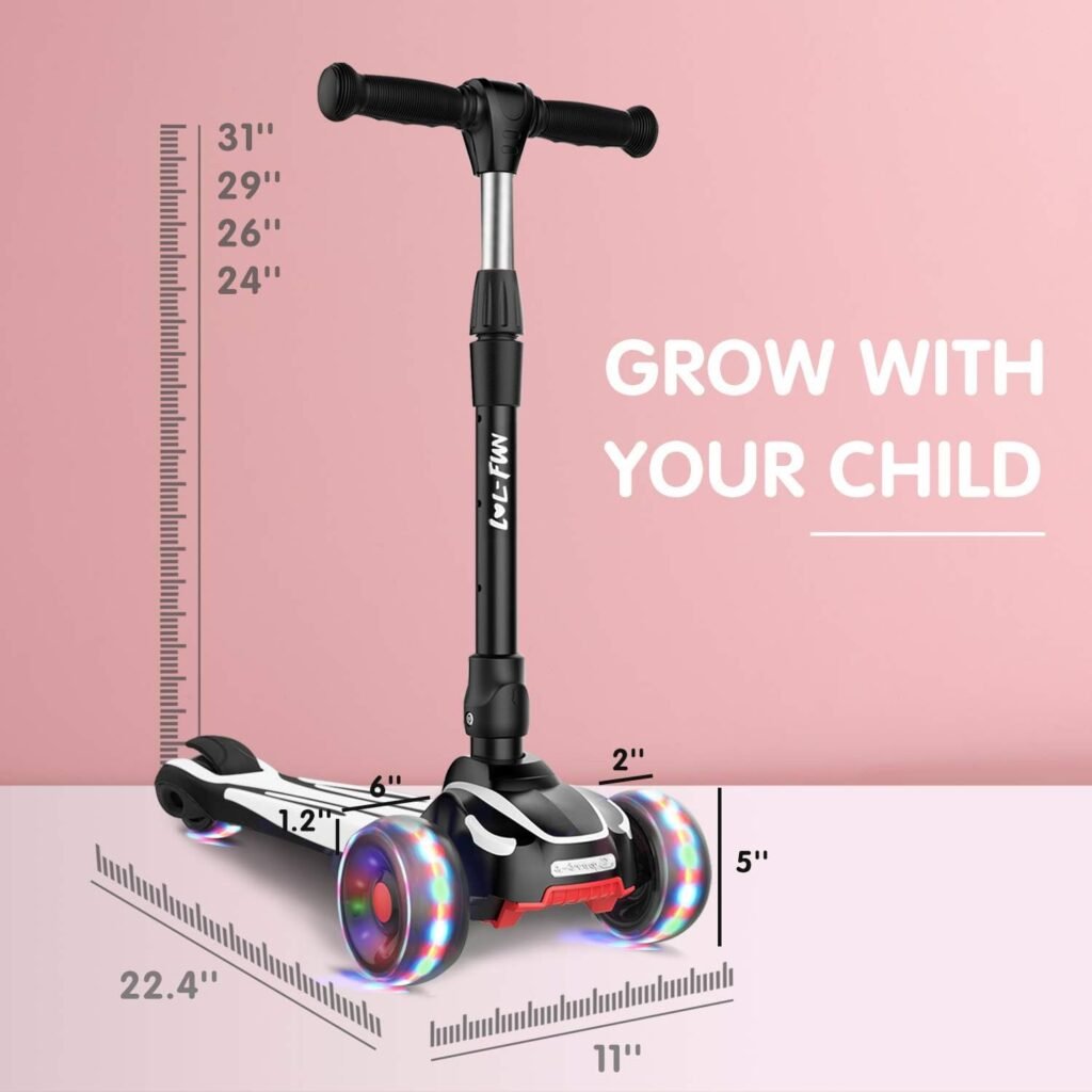 LOL-FUN Toddler Scooter for Kids Ages 3-12 Years Old Boy Girl with 3 Wheel LED Lights, Extra-Wide Childrens Foldable Kick Scooter Kids Ages 3-5 with 4 Adjustable Height and Lean-to-Steer